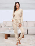 Suit Waffle Long Sleeve Top Drawstring Trousers For Women