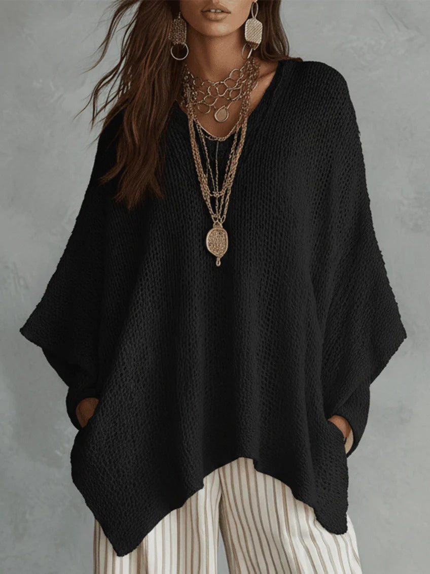 Hollow-out Solid Color Loose Vintage Womens Long-Sleeve Knit Top