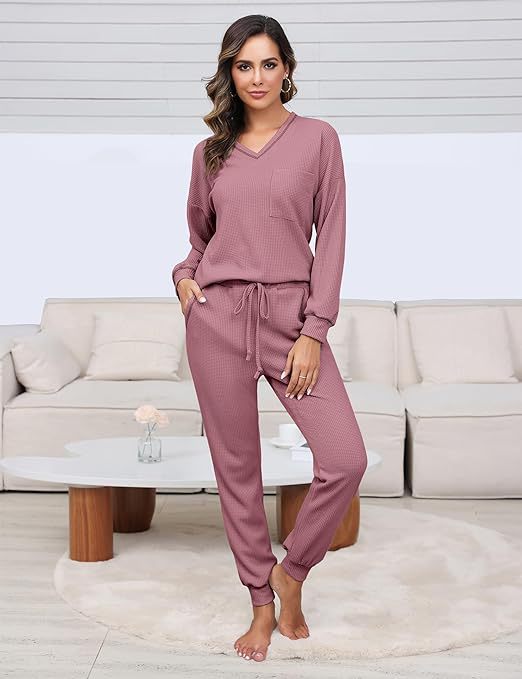 Suit Waffle Long Sleeve Top Drawstring Trousers For Women