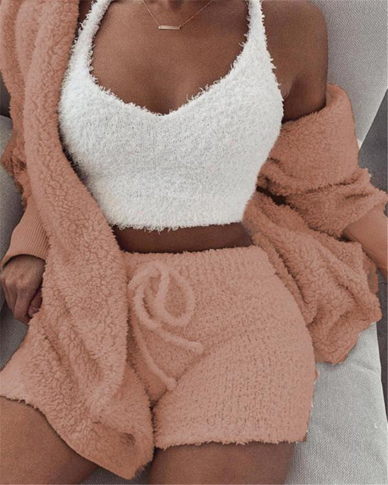 Women's 3-Piece Cosy Pajama Set – Crop Top, Tank & Shorts
