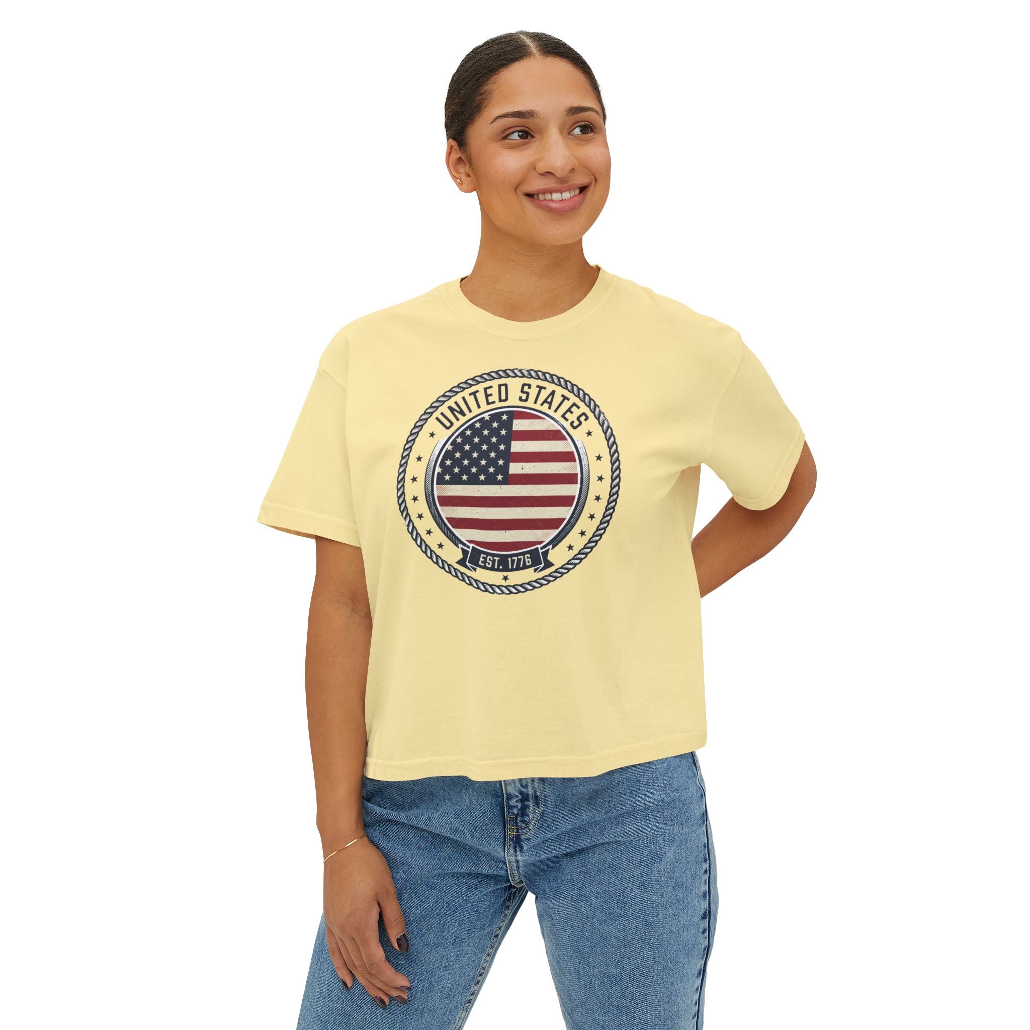 Women's Boxy Tee - 'Merica Flag Seal Patriotic Crop Top.