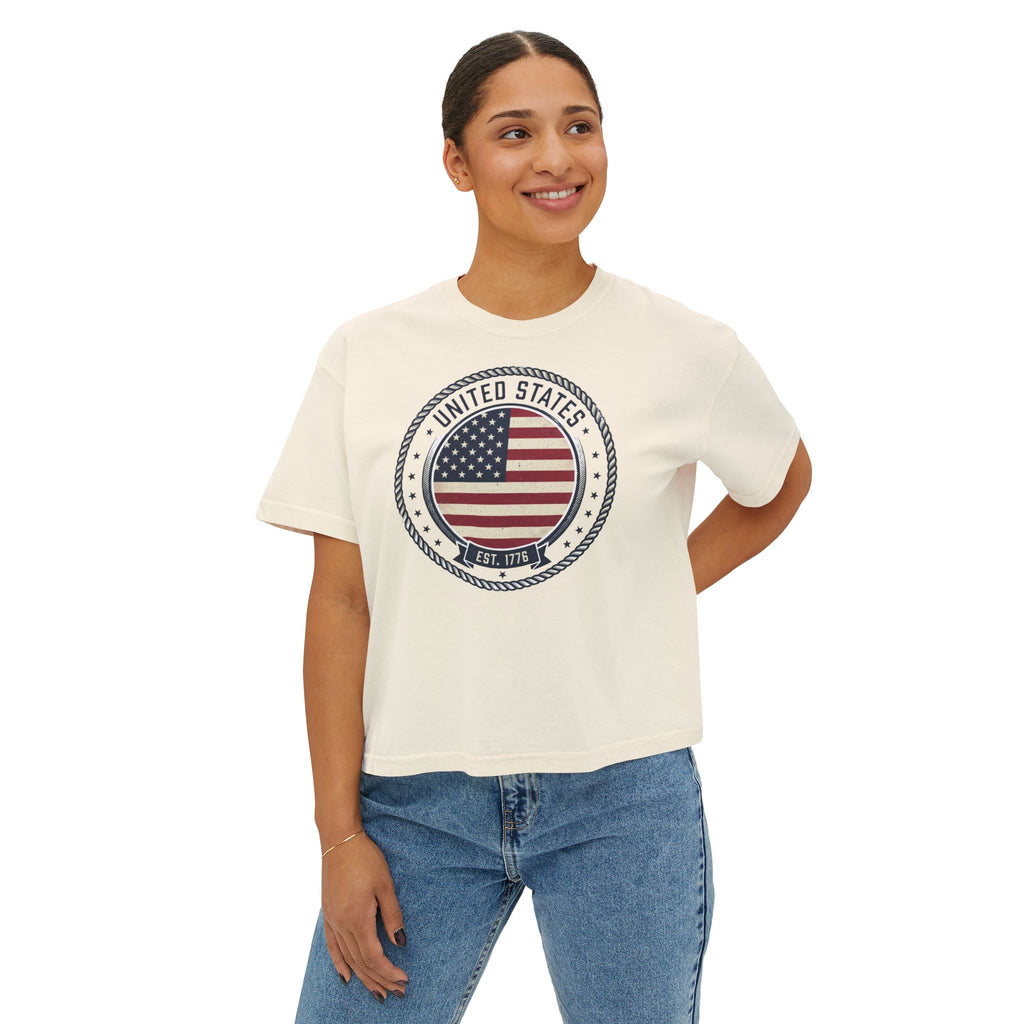 Women's Boxy Tee - 'Merica Flag Seal Patriotic Crop Top.
