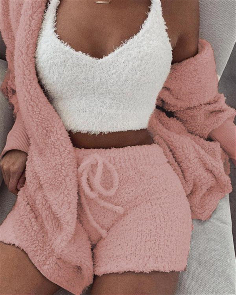 Women's 3-Piece Cosy Pajama Set – Crop Top, Tank & Shorts