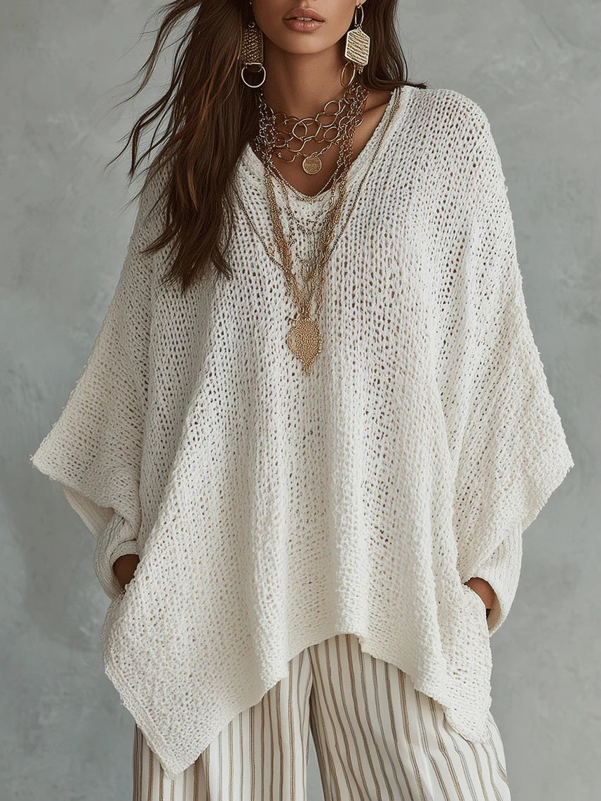 Hollow-out Solid Color Loose Vintage Womens Long-Sleeve Knit Top