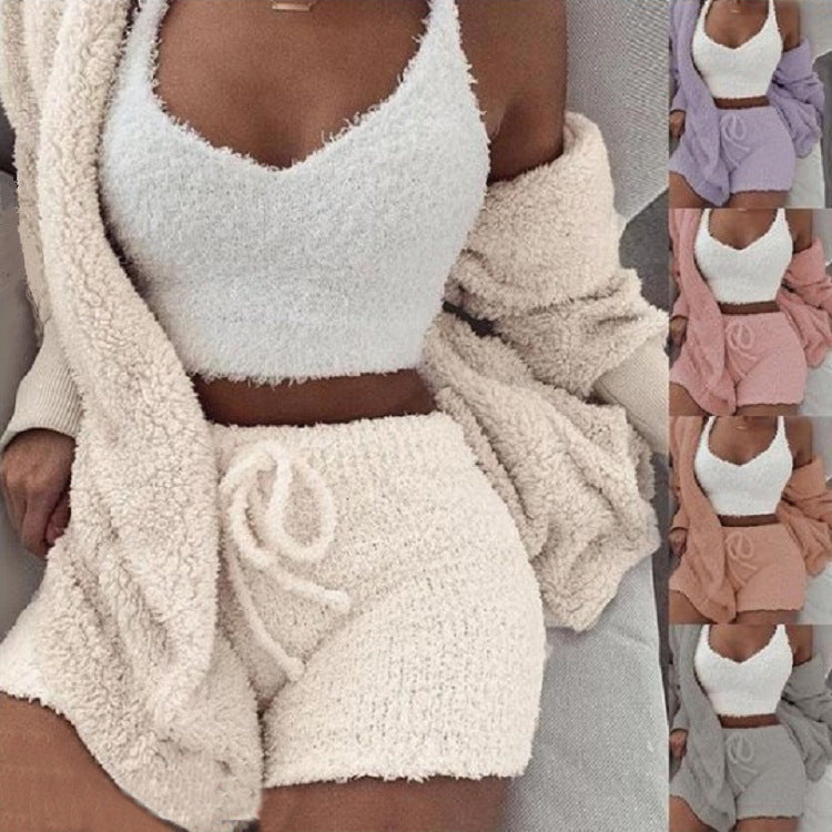 Women's 3-Piece Cosy Pajama Set – Crop Top, Tank & Shorts