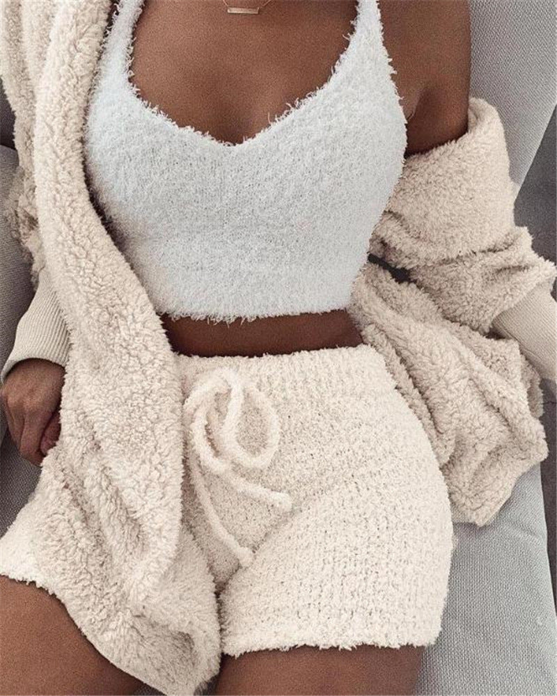 Women's 3-Piece Cosy Pajama Set – Crop Top, Tank & Shorts