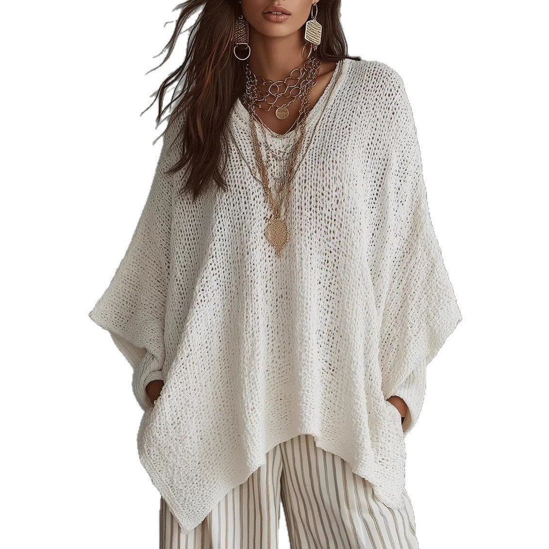 Hollow-out Solid Color Loose Vintage Womens Long-Sleeve Knit Top