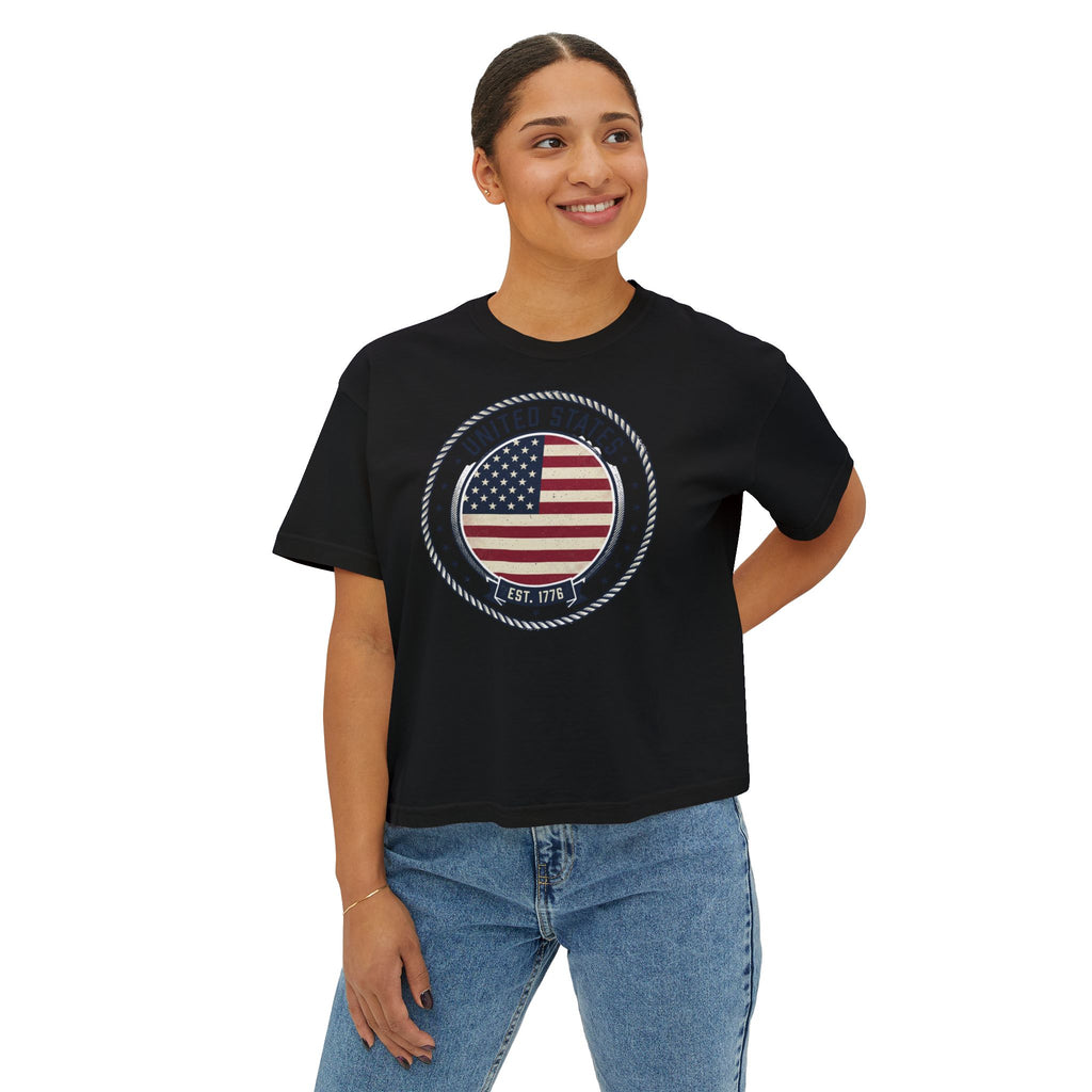 Women's Boxy Tee - 'Merica Flag Seal Patriotic Crop Top.