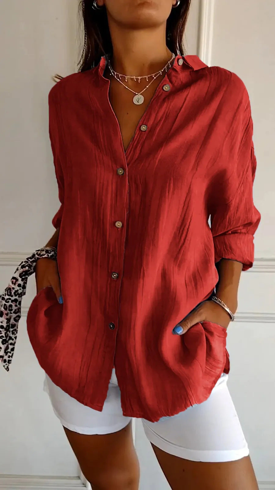 Lapel Long Sleeve Shirt Women's Single-breasted Pleated Shirt Tops Clothing
