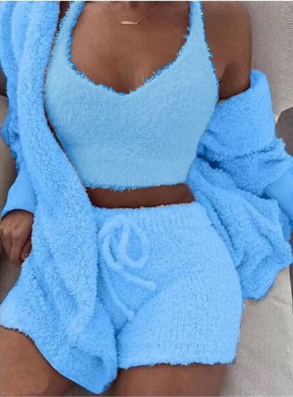 Women's 3-Piece Cosy Pajama Set – Crop Top, Tank & Shorts