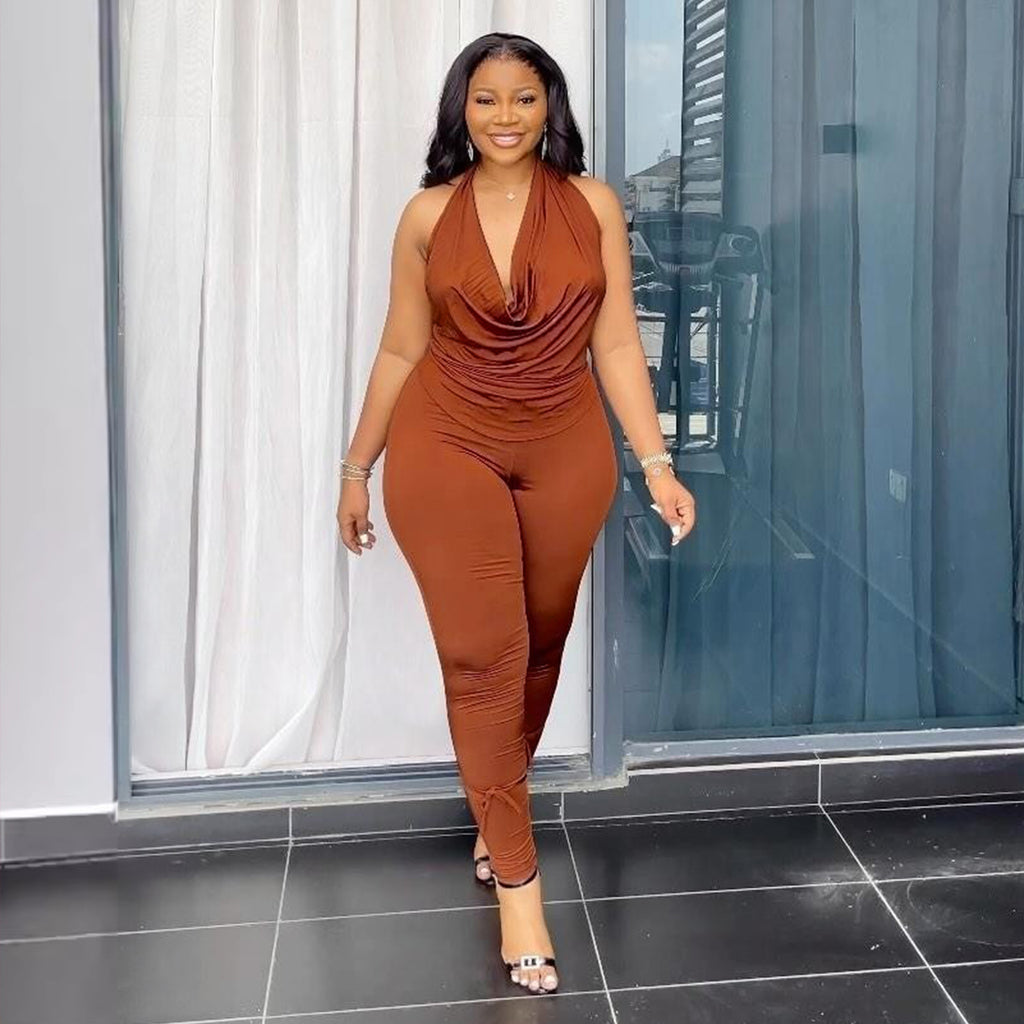 Women's Solid-Color Stretch Halterneck Casual Set