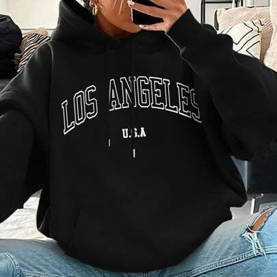 Women's Loose Fit Street Hoodie with Drawstring Hood