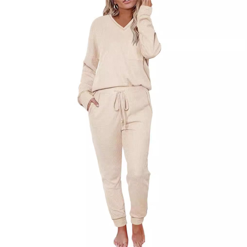Suit Waffle Long Sleeve Top Drawstring Trousers For Women