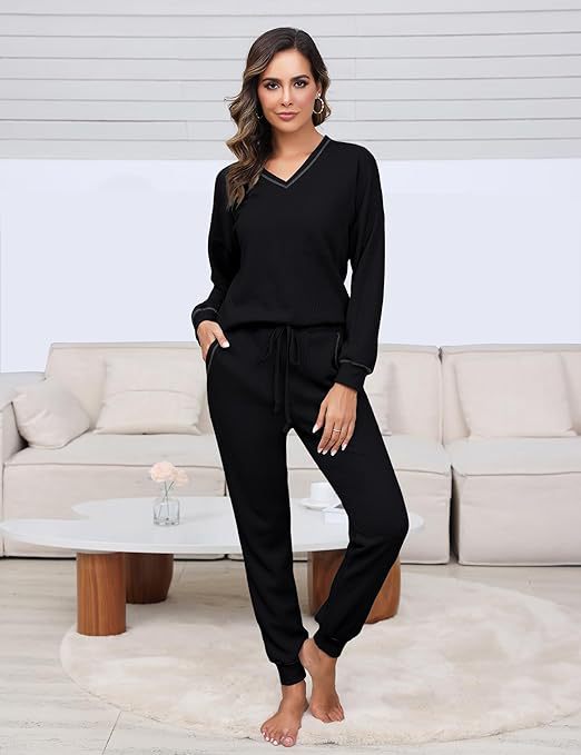 Suit Waffle Long Sleeve Top Drawstring Trousers For Women