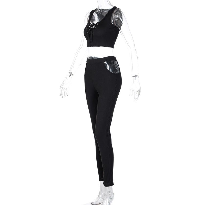 Ladies Collar Off Shoulder Vest Cutout Trousers Suit