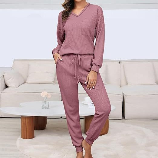Suit Waffle Long Sleeve Top Drawstring Trousers For Women