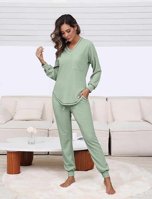 Suit Waffle Long Sleeve Top Drawstring Trousers For Women