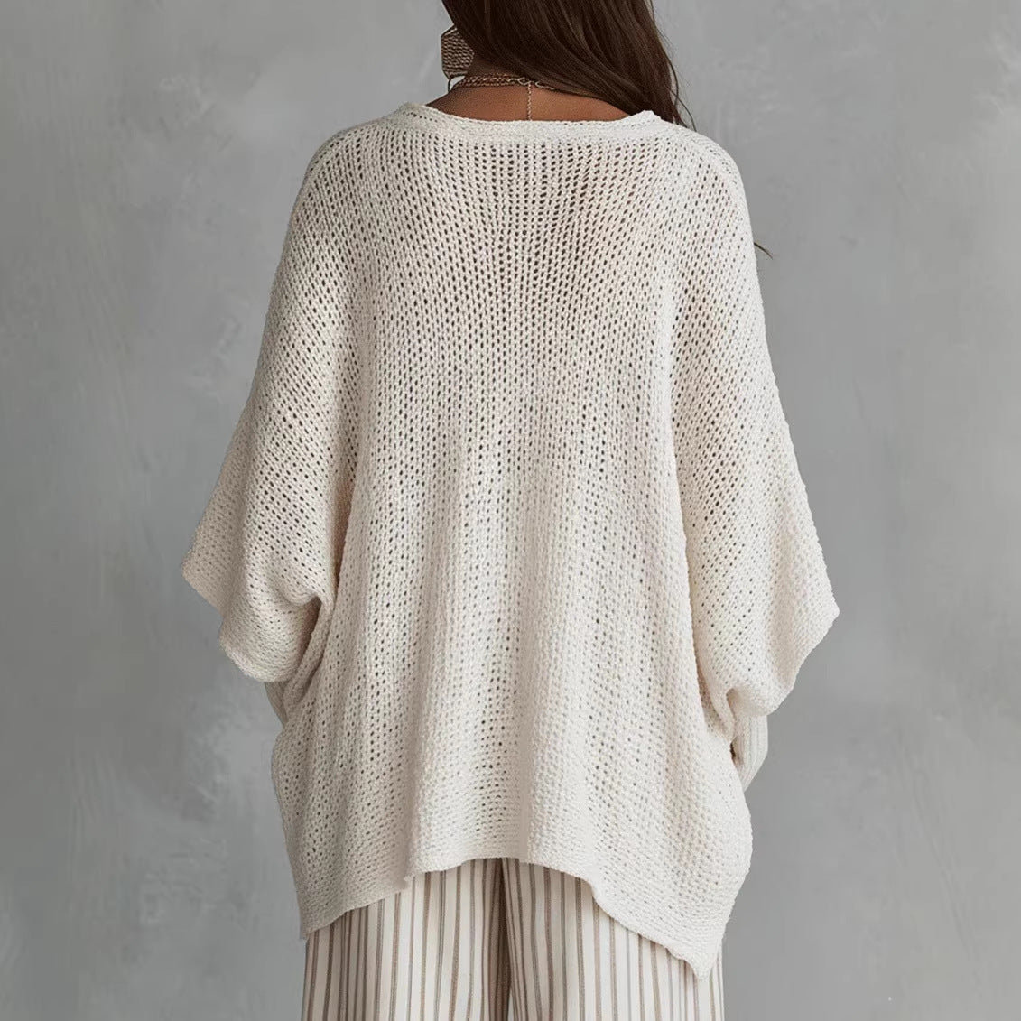 Hollow-out Solid Color Loose Vintage Womens Long-Sleeve Knit Top