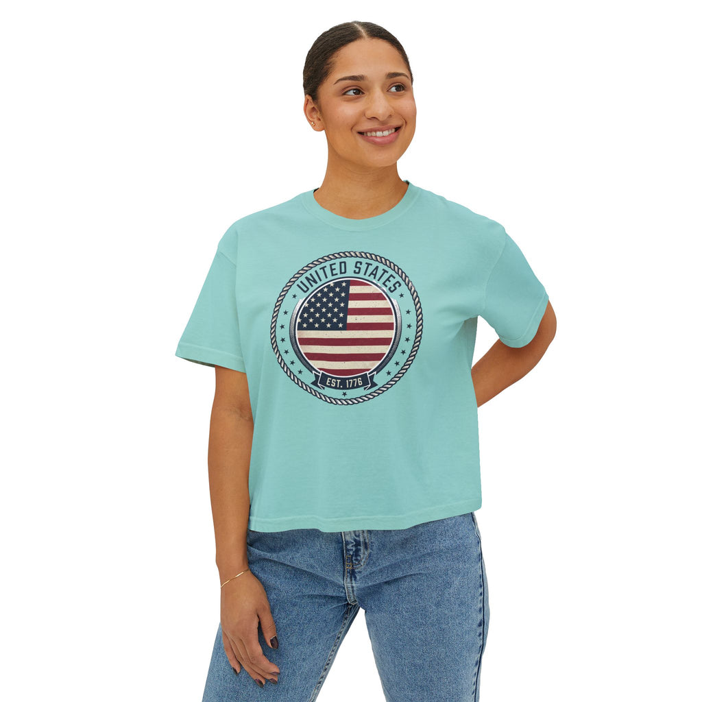 Women's Boxy Tee - 'Merica Flag Seal Patriotic Crop Top.