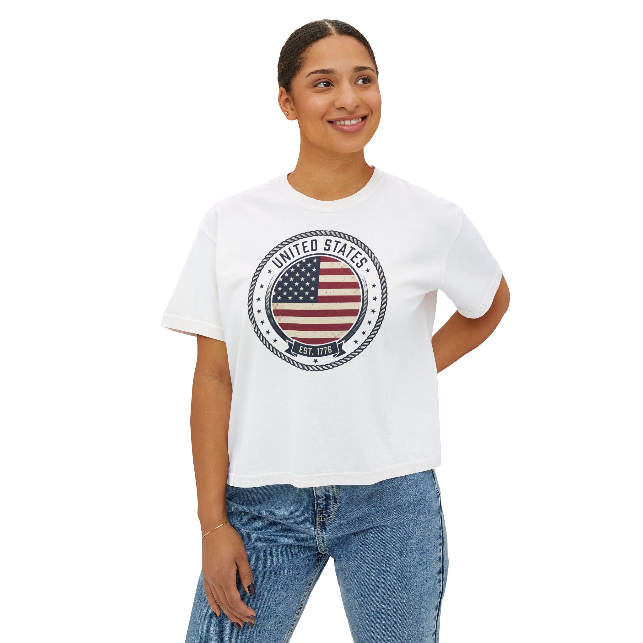 Women's Boxy Tee - 'Merica Flag Seal Patriotic Crop Top.
