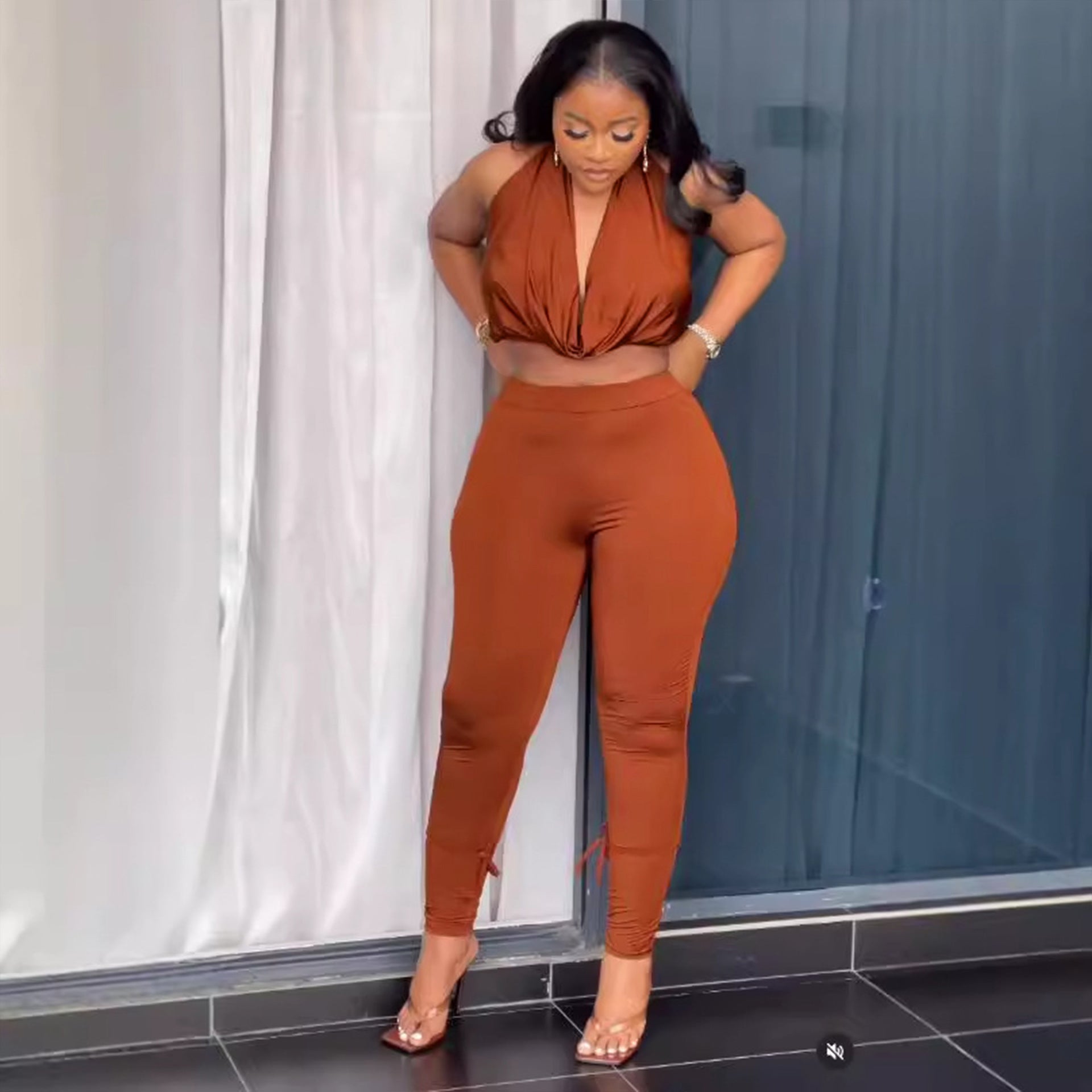 Women's Solid-Color Stretch Halterneck Casual Set