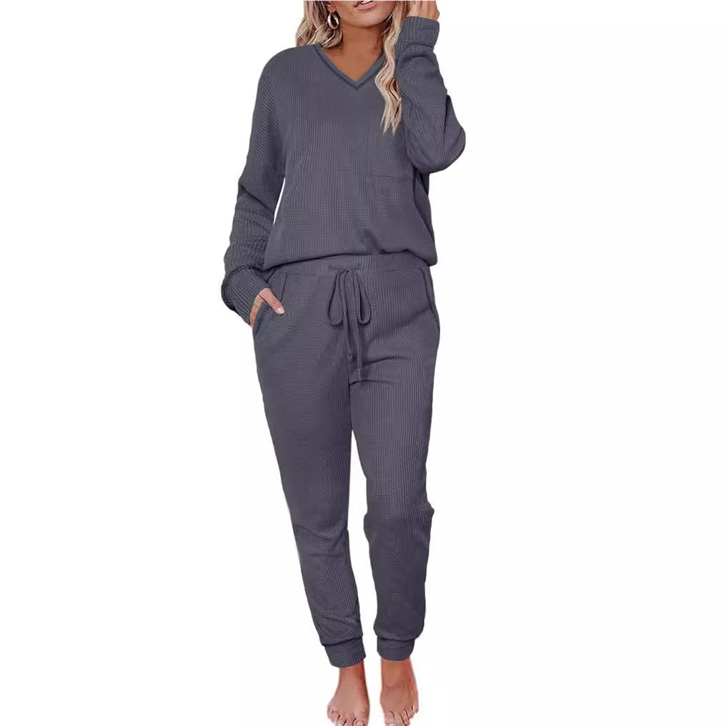 Suit Waffle Long Sleeve Top Drawstring Trousers For Women