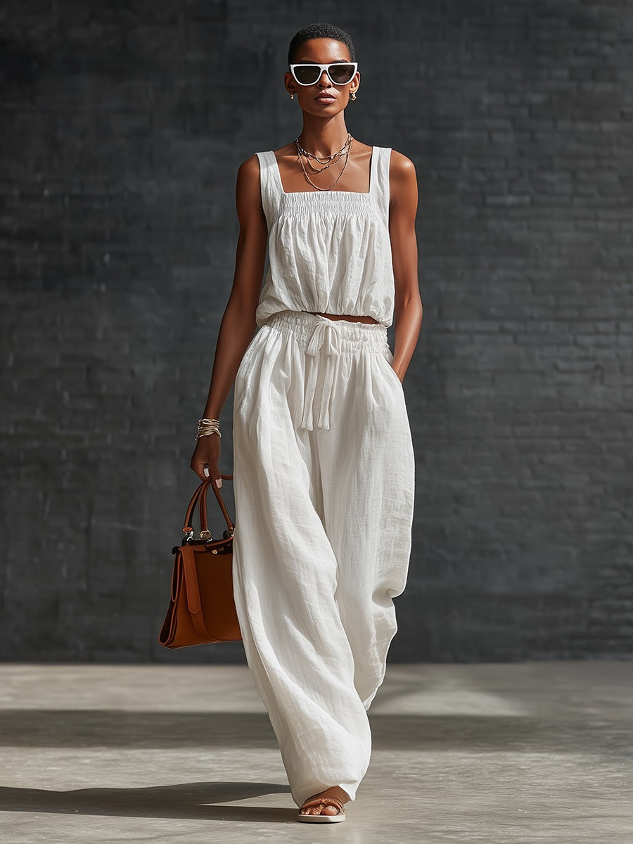 Sleeveless Loose Off-Shoulder Set Womens Wide-Leg Pants Two-Piece Set