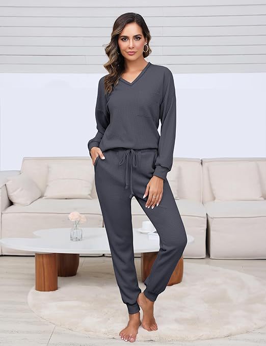 Suit Waffle Long Sleeve Top Drawstring Trousers For Women