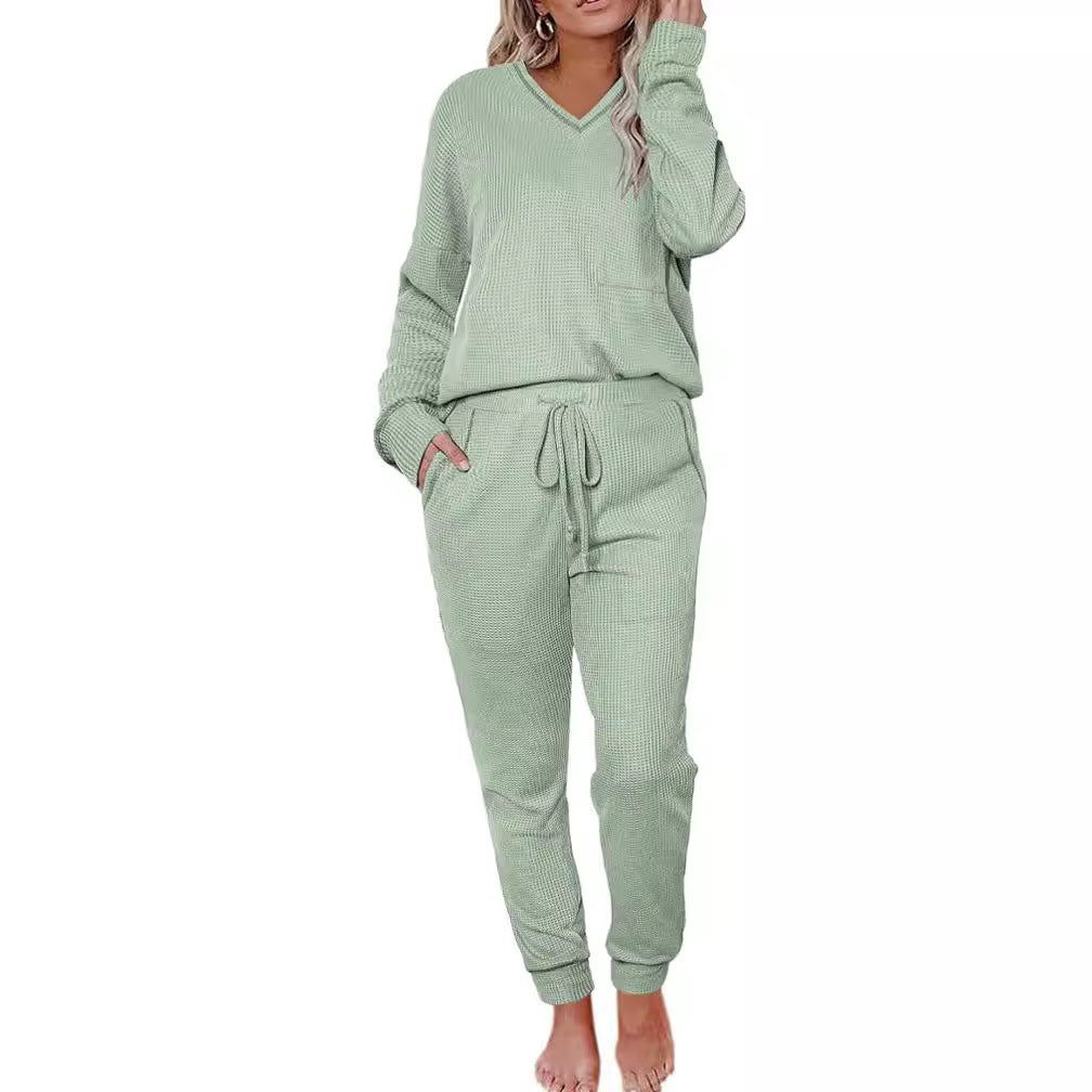 Suit Waffle Long Sleeve Top Drawstring Trousers For Women