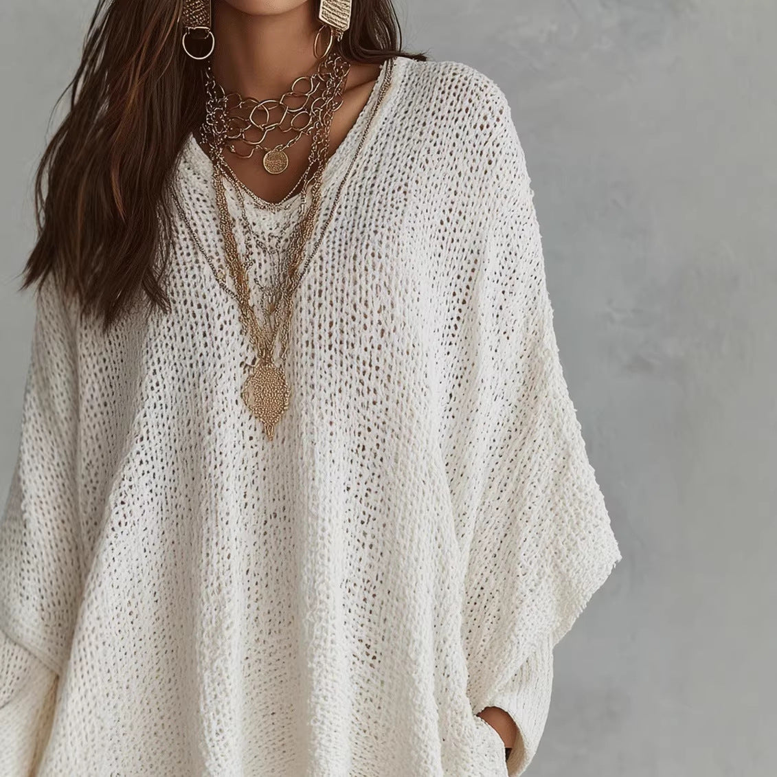 Hollow-out Solid Color Loose Vintage Womens Long-Sleeve Knit Top