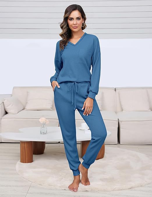 Suit Waffle Long Sleeve Top Drawstring Trousers For Women